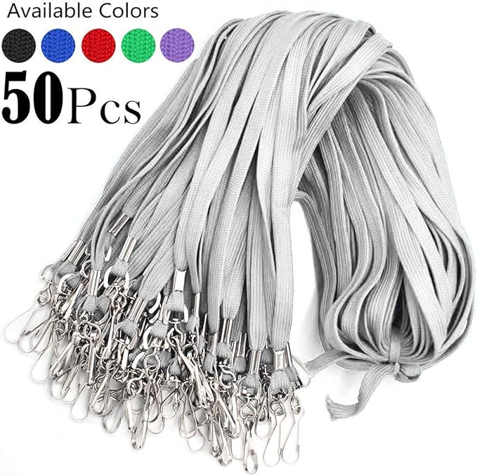 Name Tags Gray Lanyards/Badge Holder Pairs Woven Round Lanyard & Horizontal Sealable Waterproof Clear Plastic ID Card Lanyards with id Holder Name Badges (Gray, 50 Pack)