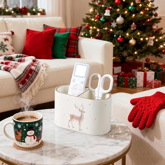 Christmas Pen Holder for Desk, PU Leather Pencil Holder for Desk with 2 Compartments for Home Office Supplies, Christmas Decorations Pencil Cup Desk Organizer