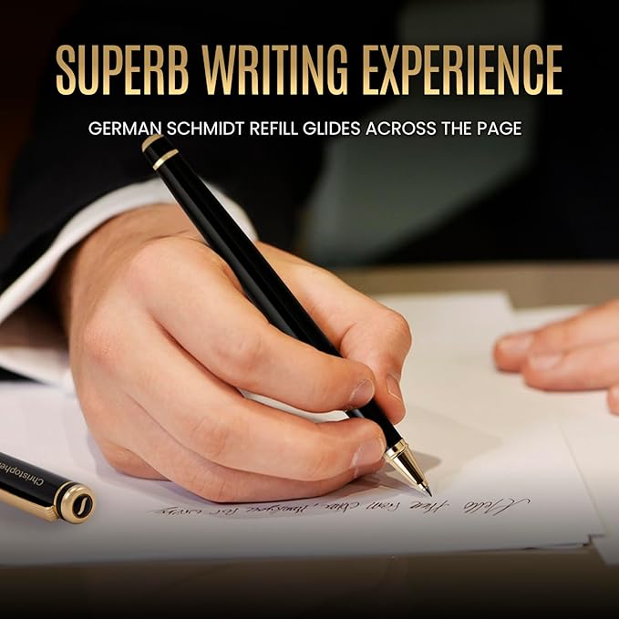 Scriveiner Personalized Black Rollerball Pen - Stunning Luxury Pen, Jet Black Lacquer & Real Gold Plating, Schmidt Ink Refill, Best Engraved Roller Ball Gift for Men & Women, Custom Name Engraving