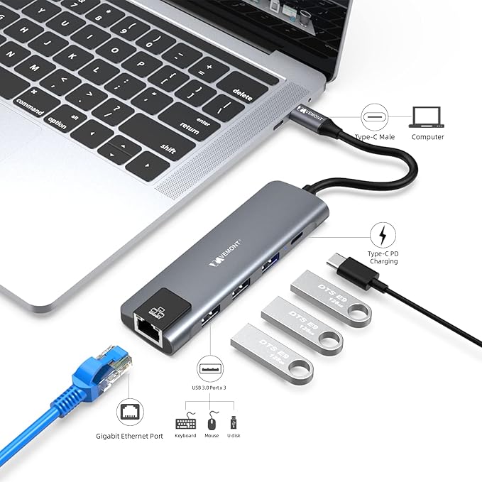 VEMONT USB C hub,5 in1 USB-C hub, Type-c multiport Adapter with Gigabit Ethernet, 3 USB 3.0 hub for Data, 100W Power Delivery, USB c hub for Laptop MacBook/ipad, and Other USB C Devices