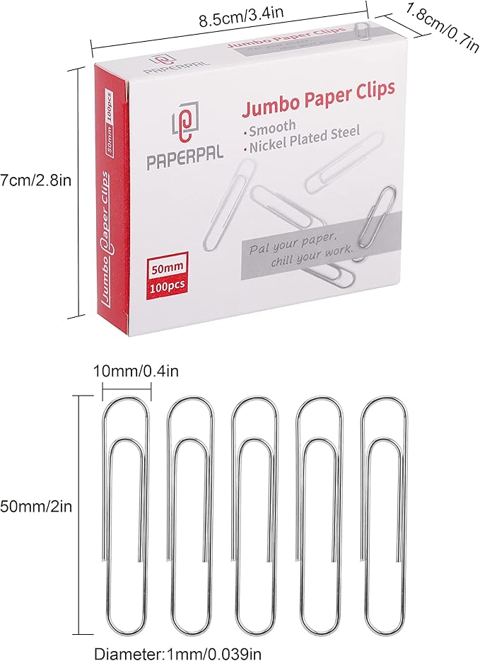 PAPERPAL Paperclips for Office School & Personal Use, Jumbo Smooth Paper Clip (2"), 300 Large Paper Clips (3 Boxes of 100 Each), Silver
