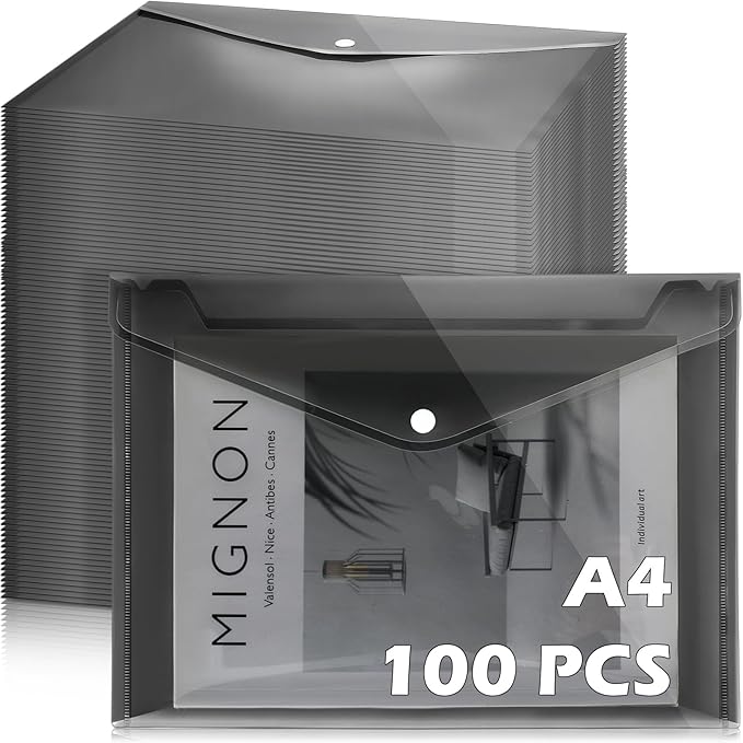 100 Pcs Clear Envelopes with Snap Button Closure Bulk A4 Letter Size Clear Plastic Envelope Folder Document Organizer File Folders for Office Home(Black)