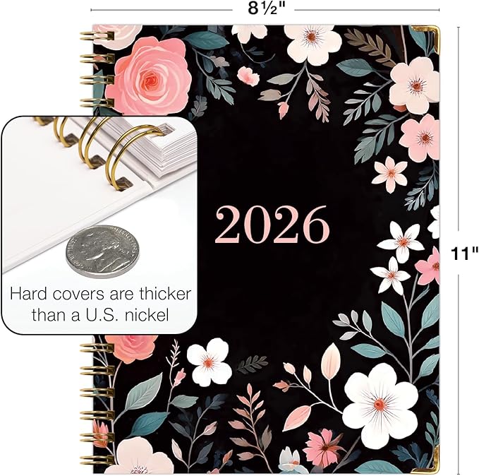 HARDCOVER 2026 Planner, 8.5"x11": 14 Months (November 2025 - December 2026), Daily Weekly Monthly Planner, Yearly Agenda, Bookmark, Pocket Folder and Sticky Note Set (Black Floral Pink)