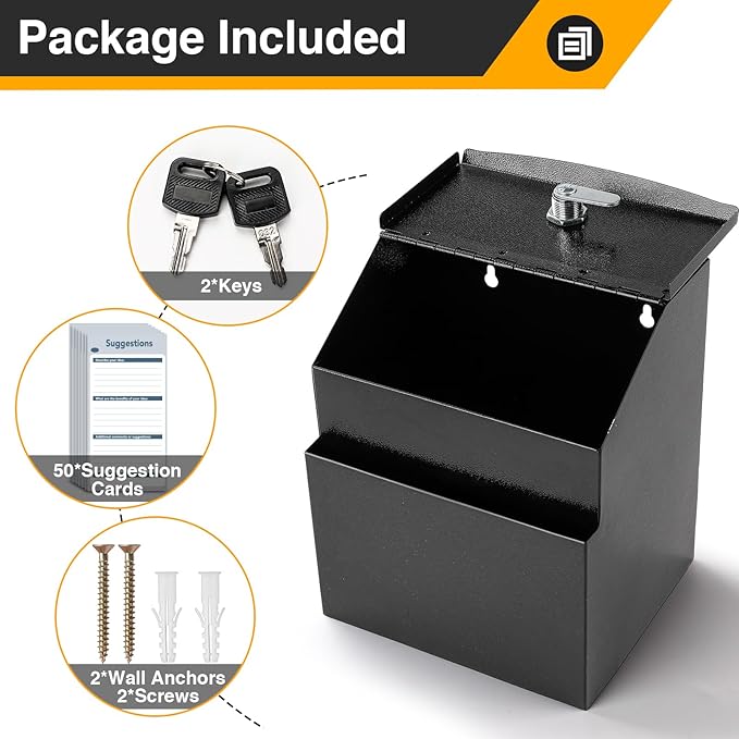 Suggestion Box with Slot and Lock Metal 8.4 x 5.8 x 7.0 inch Built-In Storage Compartment 50 Suggestion Cards Tip Jar Ballot Voting Prayer Comment Teacher Mailbox Booth Classroom Restaurant