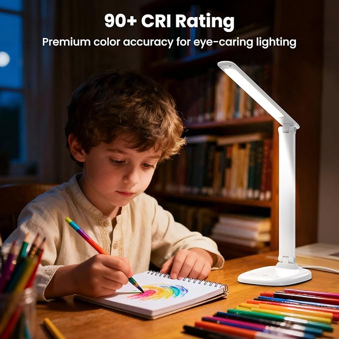 LED Desk Lamp with USB Charging Port, Stepless Dimmable Study Lamp with 5 Color Modes, Touch Control, Timer, Foldable Desk Lights for Home, Office, Bedroom