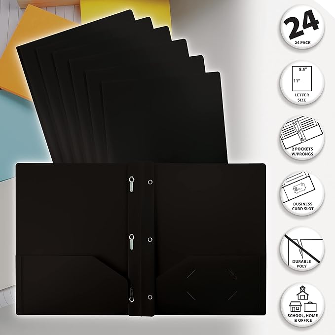 Better Office Products Black Plastic 2 Pocket Folders with Prongs, Heavyweight, Letter Size Poly Folders, 24 Pack, with 3 Metal Prongs Fastener Clips, Black