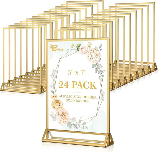 EHWINE 24 Pack Acrylic Sign Holder 5 x 7, Double Sided Gold Picture Frame Stand up Table Top Sign Holders, Clear Display Stand Menu Flyer Holder for Wedding Party