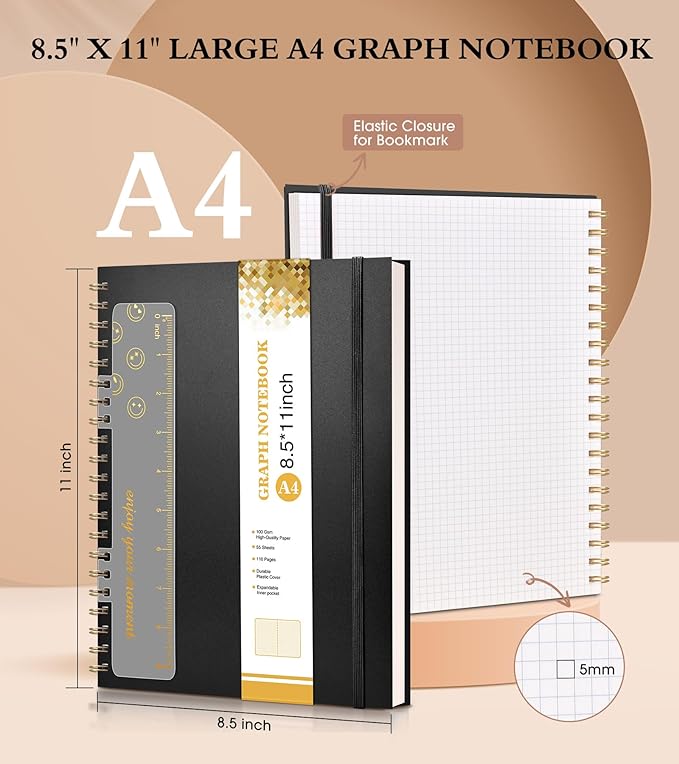 Graph Paper Notebook, Spiral Notebook Journal 8.5” x 11”, A4 Large Grid Notebooks for Women Men, 100 GSM Graph Paper, Plastic Hardcover Spiral Graphing Journals for Work School Engineerin, Black
