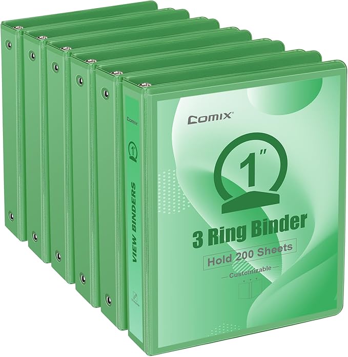 COMIX Standard 3 Ring Binder 1 inch with Clear View Cover, 1" Round Ring View Binder Holds 200 Sheets of US Letter Size Paper for School Office Supplies, 6 Pack (Sea Green)