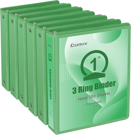 COMIX Standard 3 Ring Binder 1 inch with Clear View Cover, 1" Round Ring View Binder Holds 200 Sheets of US Letter Size Paper for School Office Supplies, 6 Pack (Sea Green)