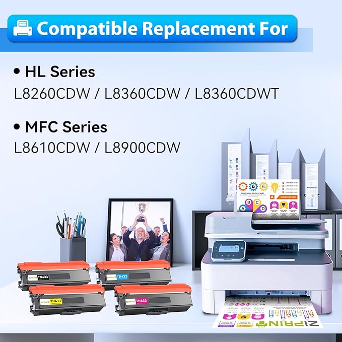 ZIPRINT TN433 Toner Cartridge Set 4-Color Compatible for Brother, TN433BK TN431 TN-433 TN-431 TN 433 TN 431 for MFC-L8900CDW, HL-L8360CDW, HL-L8360CDWT, HL-L8260CDW, MFC-L8610CDW, MFC-L8895CDW