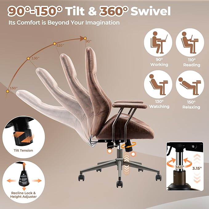 ovios Ergonomic Home Office Chair, Mid-Century Modern Faux Leather Chairs with Padded Armrests, Comfy High Back Swivel Rolling Executive Computer Armchair (Dark Brown, Suede Leather)