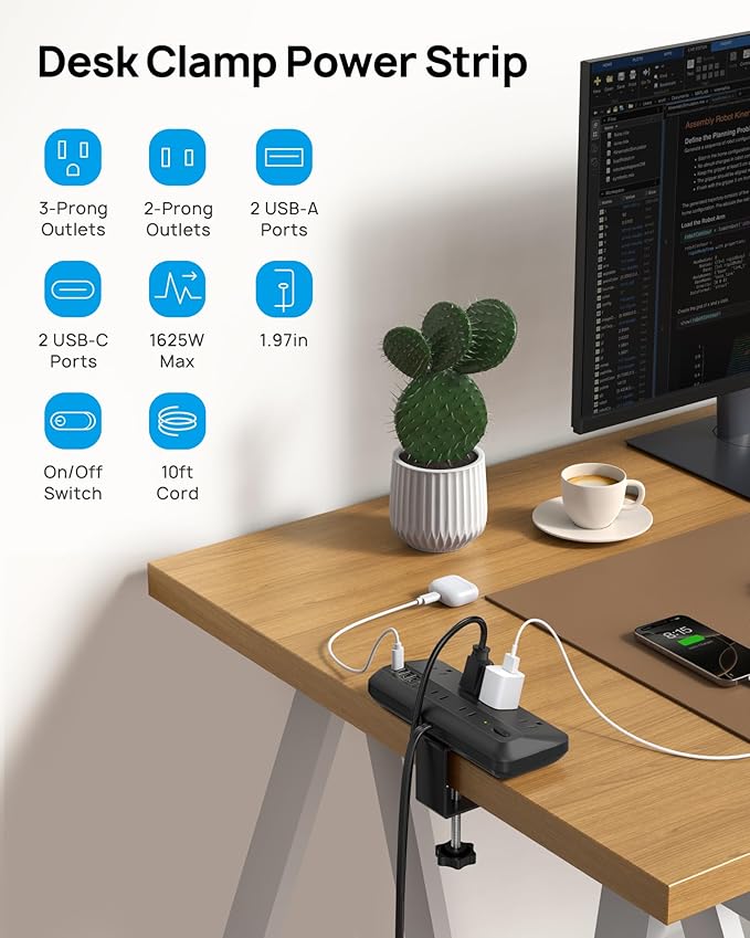 TROND 20W USB C Desk Clamp Power Strip - 1700J Surge Protector with 7 Outlets, Desktop Edge Mount Extension Cord, Fit 1.97" Tabletop, 10FT Flat Plug for Teacher Must Haves, Office, ETL List, Black