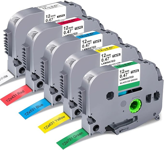 5-Pack Label Maker Tape Replace for Brother TZe TZ Tape 12mm 0.47 Laminated White Red Blue Yellow Green TZe231 431 531 631 731 Work for Brother P Touch Label Maker PTH110 PTD220 PTD210