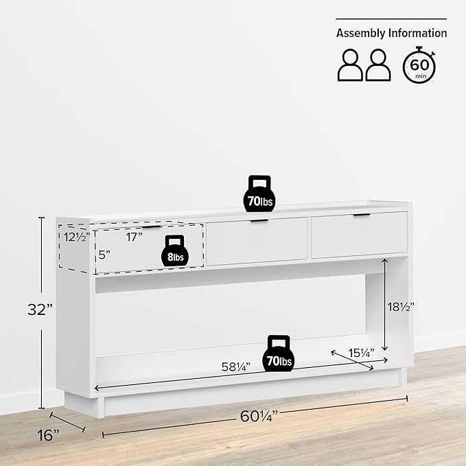 Prepac White Simply Modern Entryway Table, Narrow Console Table with 3 Drawers, Media Console with Storage, 15.75" D x 60.25" W x 32" H
