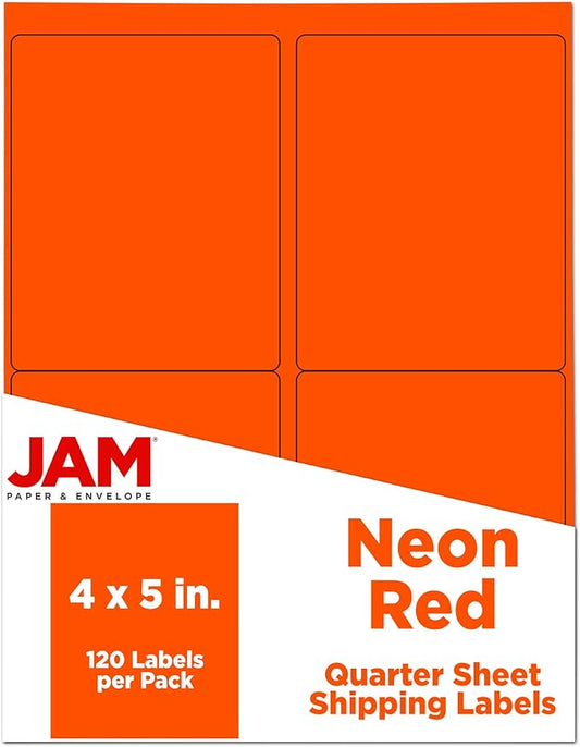 JAM PAPER Shipping Address Labels - 4 x 5 - Quarter Page/Extra Large - Neon Deep Red/Orange - 120/Pack