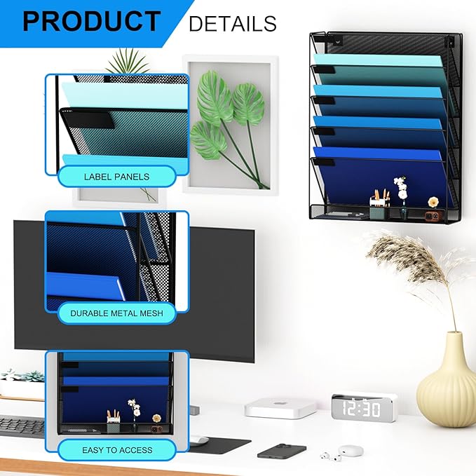 Wall File Organizer Holder Mesh Hanging Paper Document Holder,Vertical 6 Pocket Tier for Office Home, Black