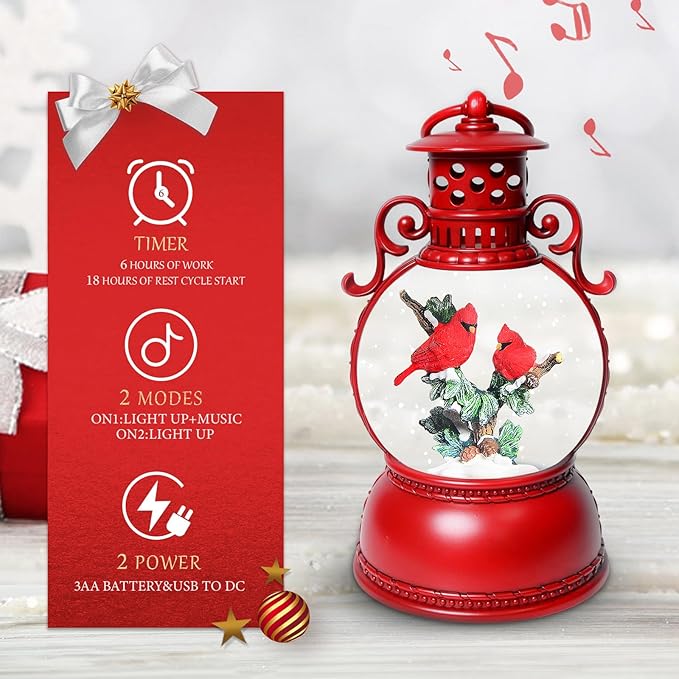Christmas Snow Globes, Cardinal Christmas Snow Lantern with 8 Songs, 6H Timer Battery & USB Powered Glitter Music Box for Christmas Table Decorations Home Decor