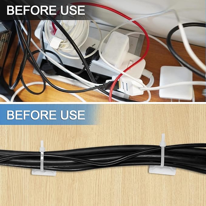 Zip Tie Mounts - SeuYeugX 100 PCS Cable Self Adhesive Mounts Set for Wire Management with Stick Pads Anchors Clips Squares Holders (White)