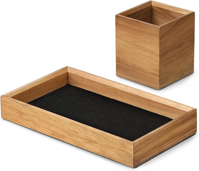 HULISEN Wooden Desk Organizer Tray with Pen Holder, Non-Slip Desk Tray and Pencil Holder Set with Felt Lined, Desktop Accessories for Home Office Workspace Organization