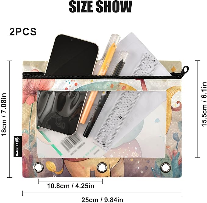 ZAZYXTJ Personalized Cute Elephant Binder Pencil Pouchs 3 Ring with Zipper Clear Window Office Organizers bag for School Students Teacher Supplies 2 Pack