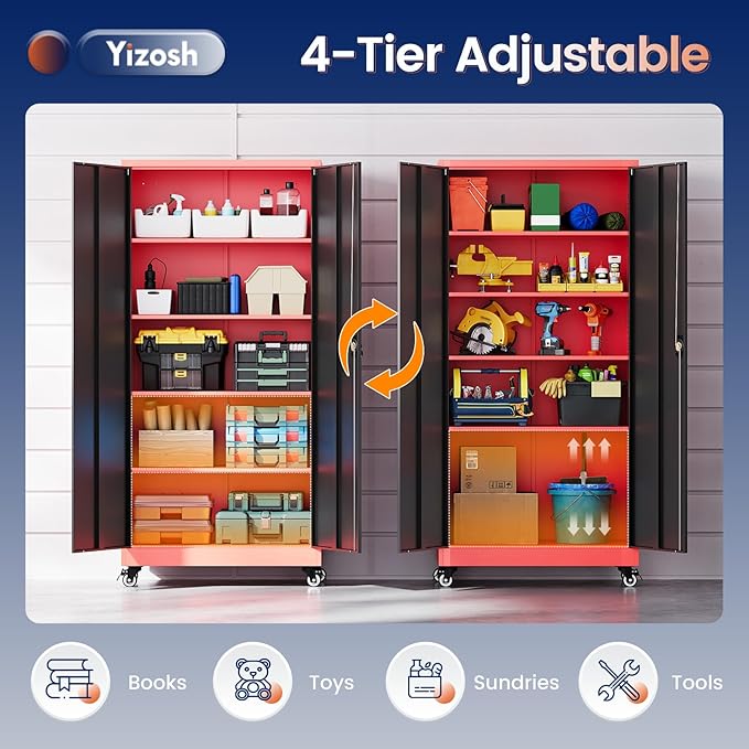 Yizosh Metal Garage Storage Cabinet with Locking Doors and Adjustable Shelves,- 75" Rolling Steel Tool Cabinet for Home Office,Garage,Warehouse