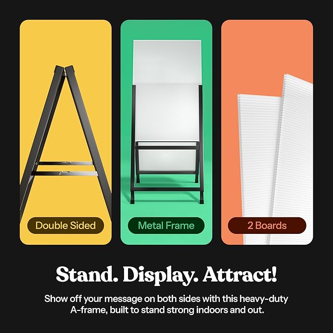 T-SIGN Outdoor A-Frame Sidewalk Sign 24x36 Inch Sandwich Board, Black Coated Steel Metal Double-Sided, Heavy Duty Slide-in Folding Frame Sign Holder, 2 Corrugated Plastic Poster Boards, Display Stand