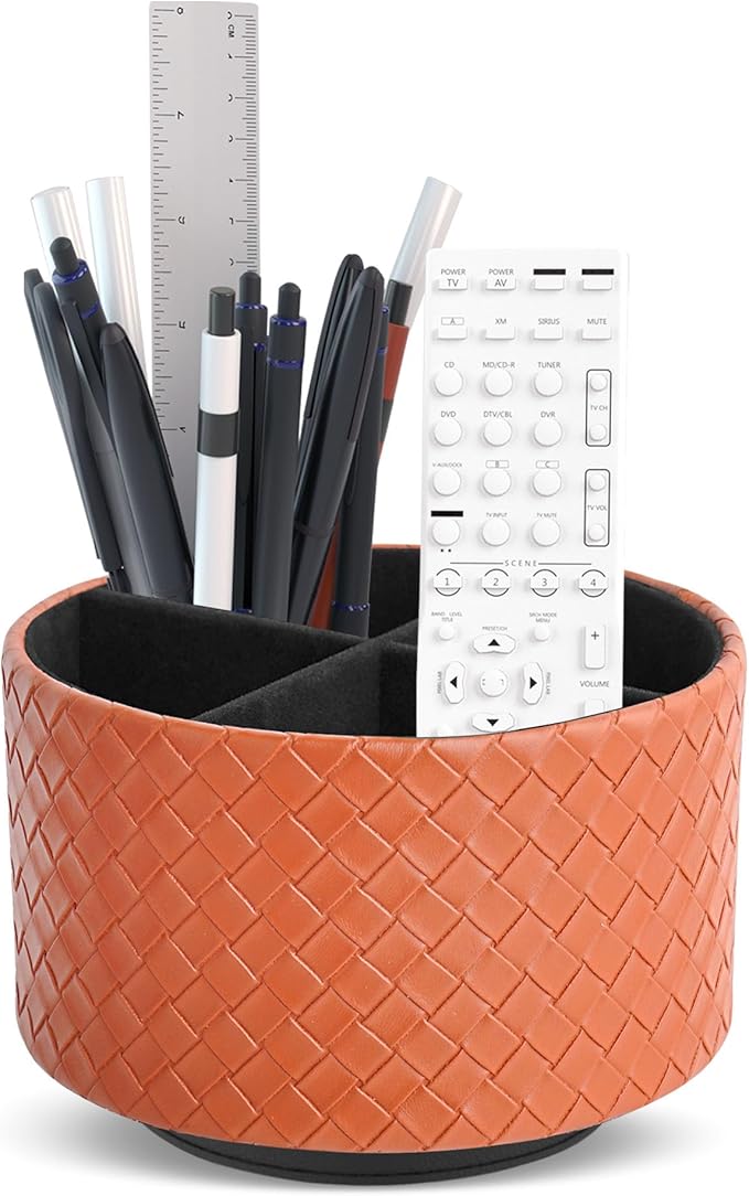 Hennaja Round Leather Art Supply Organizer,Remote Control Holder,360 Degree Spinning,Multi-Functional Pencil Holder,4 Compartments Desktop Stationary Organizer(1-Weave Brown)