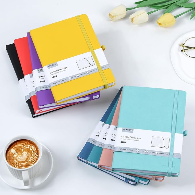 POPRUN A5 Lined Journal Notebooks, Leather Hardcover Thick Notebook for Writing, Business Work, Travel, School, College, Christmas, 5.5 x 8.3 inch, 240 Pages Classic Ruled Journals Notepad, Blue