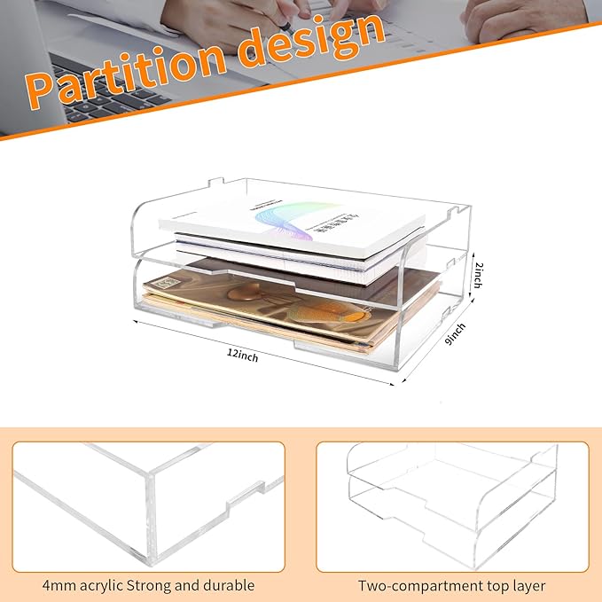 2 Pack- Stackable Paper Letter Tray,Clear Acrylic Magazine Holder and File Organizer - Sleek Desk Organizer for Home Office, Bookshelf, or Workspace - Space-Saving Transparent Document Holder