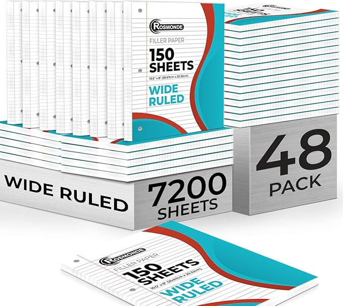 Loose Leaf Paper Bulk, 7200 Sheets, Wide Ruled, 8 x 10.5", Filler Papers for Office, 56 Gsm Thick Sheets, 3 Hole Punched for Binders, 48 Pack, 150 Sheets/Pack, Bulk Notebook Paper, White