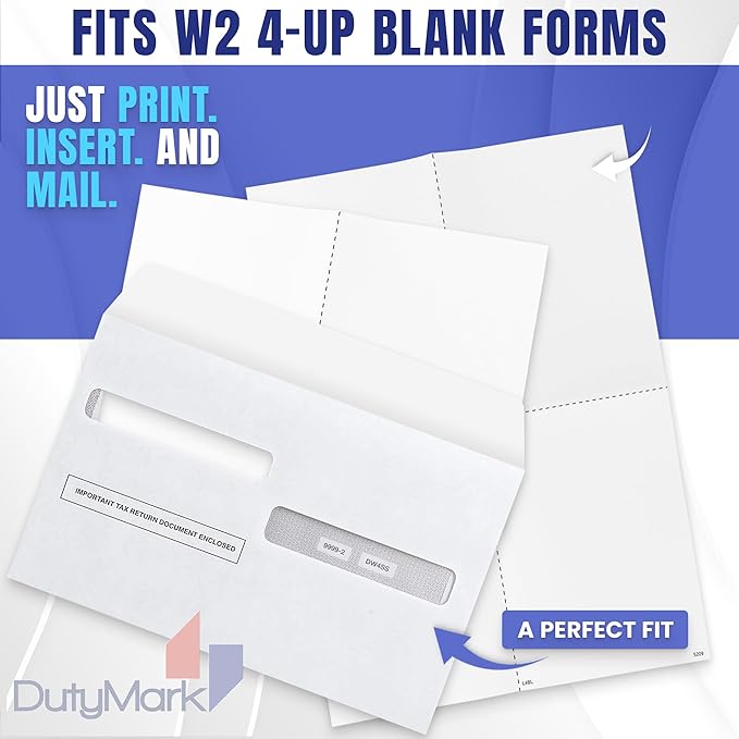 W2 Forms 2025 with Envelopes, Blank W2 4 UP Tax Forms, Compatible with QuickBooks, Sage and other programs, Ideal for E-Filing, Laser or Inkjet Printers, 100 Sheets and 100 Self Seal Envelopes
