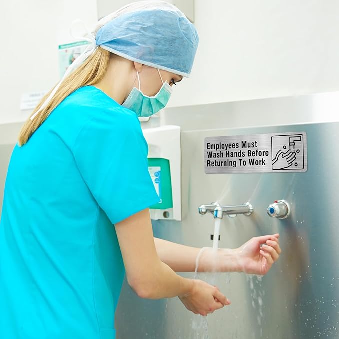 Employees Must Wash Hands Before Returning To Work Sign Aluminum Silver 9 x 3 Inches Self-Adhesive Waterproof Metal Door Wall Sign for Business Bathrooms 4 Pack