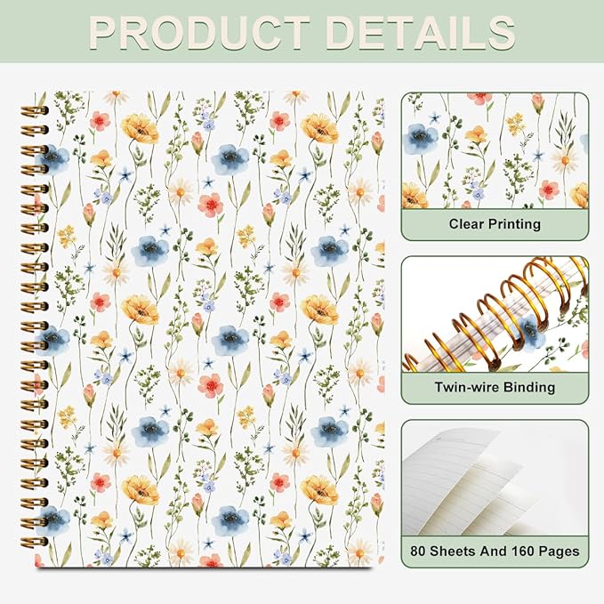 CFGBFDGH 2Pcs Floral Spiral Notebooks for Work, A5 Hardcover Notebook Journal for Women, Floral Journal 8.3x5.8inch College Ruled Notebook Travel Journal for Writing Office Note Taking, Floral Diary