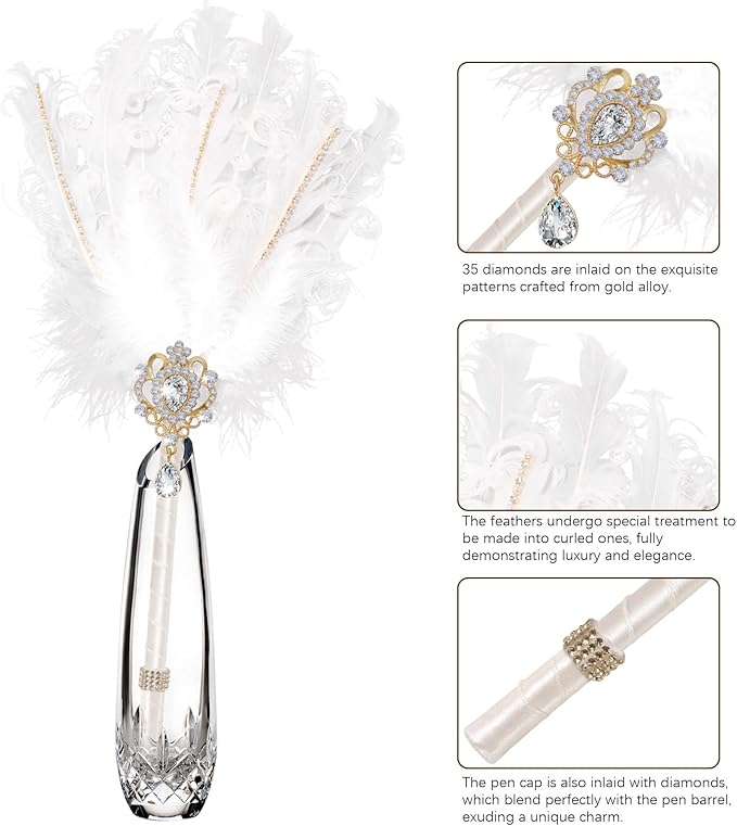 CROWN GUIDE Luxury Feather Quill Pen with Shiny Rhinestones & Curled Goose Feathers- Wedding Guest Book Pen, Great Gatsby/HP Party Supplies, Bridal Shower Gift with Rose Gold Heart Charm (13.8",Pink)