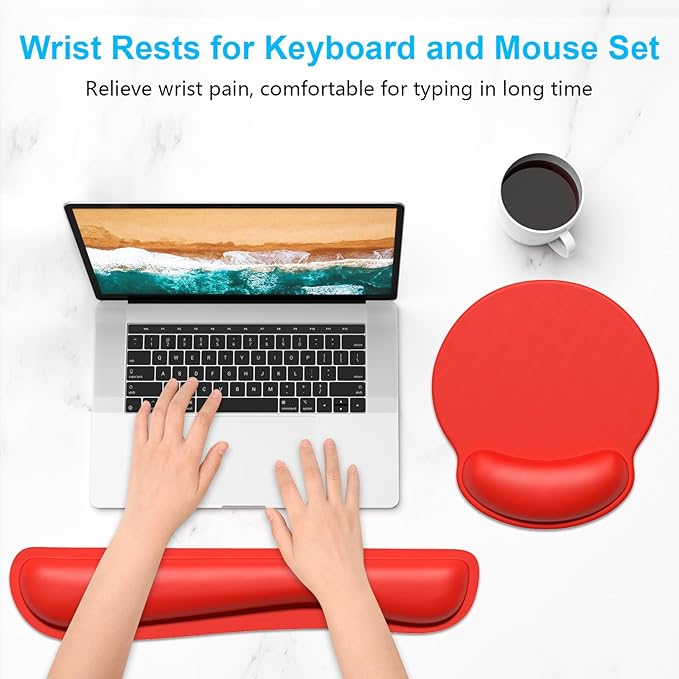 Dapesuom Keyboard Wrist Rest and Mouse Pad with Wrist Support, Cute Memory Foam Cushion for Keyboard and Mouse Set, Ergonomic Desktop Pad Rests with Non Slip Base for Easy Typing & Pain Relief, Red