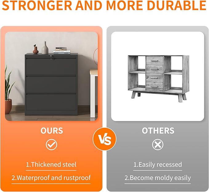 Locking Filing Cabinet with 3 Drawer Heavy Duty Large Metal Cabinet Home Office Black Lateral File Cabinets Wide Steel Cabinets for Legal/Letter Size File,Assembly Required