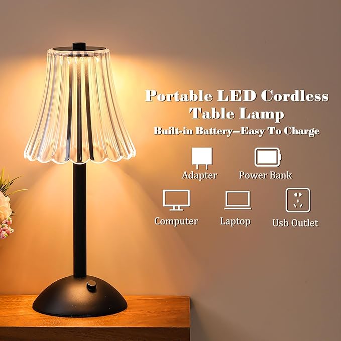 Liliful 2 Pcs LED Portable Cordless Table Lamp Touch Battery Operated Rechargeable Gold Desk Lamp 3 Color Dimmable for Bedroom Living Room Dining (Black,Rose Style)
