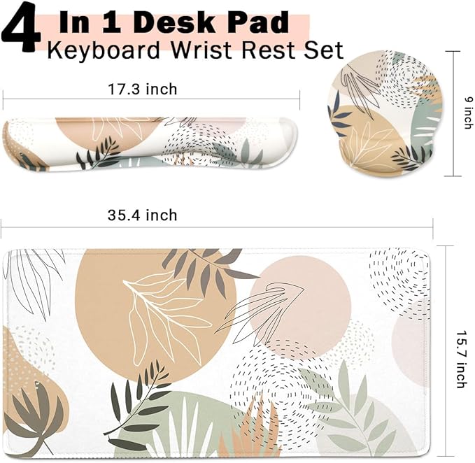 4-in-1 Gaming Mouse Pad Wrist Support Set，Desk Pad + Mouse Pad with Wrist Rest + Keyboard Wrist Rest + Coaster, Ergonomic Design for Home Office Study Game - Plant