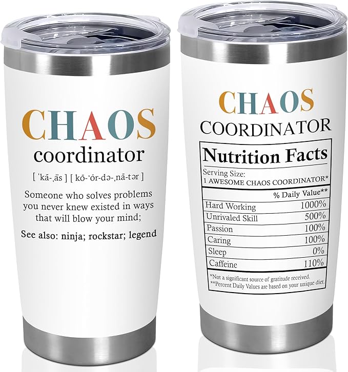 TEEZWONDER Christmas Thank You Gifts For Women - Chaos Coordinator Insulated Coffee Tumbler with Lid 20 oz - Teacher Retirement Appreciation Birthday Gifts for Women Friends Coworkers Boss Employee