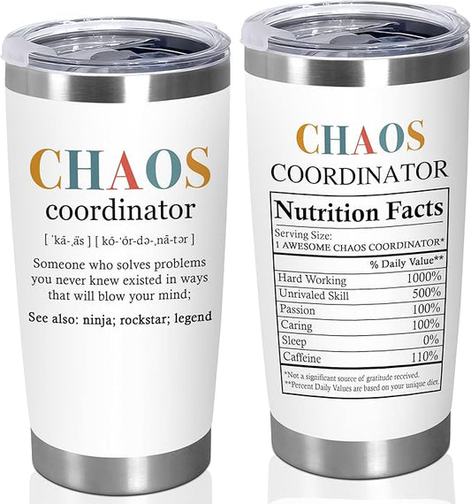 TEEZWONDER Christmas Thank You Gifts For Women - Chaos Coordinator Insulated Coffee Tumbler with Lid 20 oz - Teacher Retirement Appreciation Birthday Gifts for Women Friends Coworkers Boss Employee