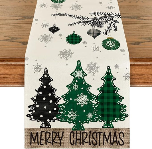 Artoid Mode Green Pine Trees Snowflake Merry Christmas Table Runner, Winter Xmas Holiday Kitchen Dining Table Decoration for Home Party Decor 13x72 Inch