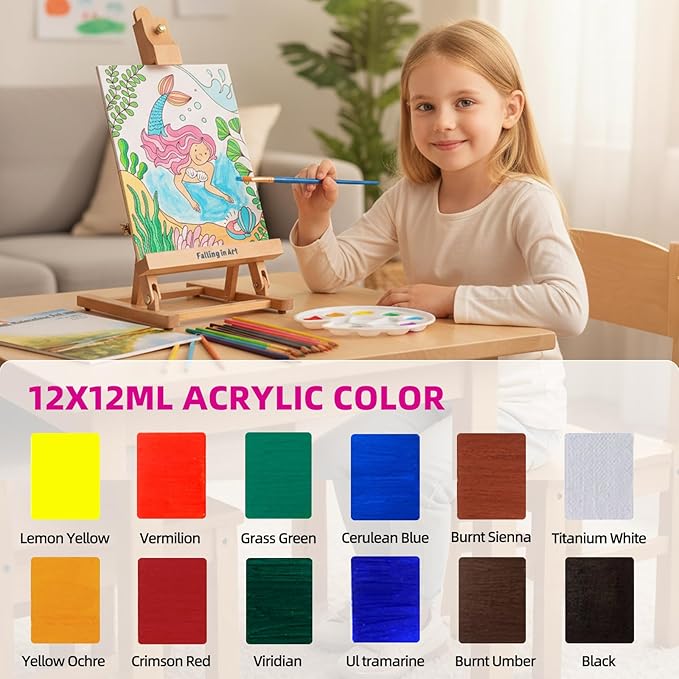 Falling in Art Tabletop Easel Set, Portable Wooden Art Easel Painting Kits for Kids, Easel for Painting Canvases, Including 12 Colors Acrylic Paints, 10 Paintbrushes and 4 Canvas Panels, Pink