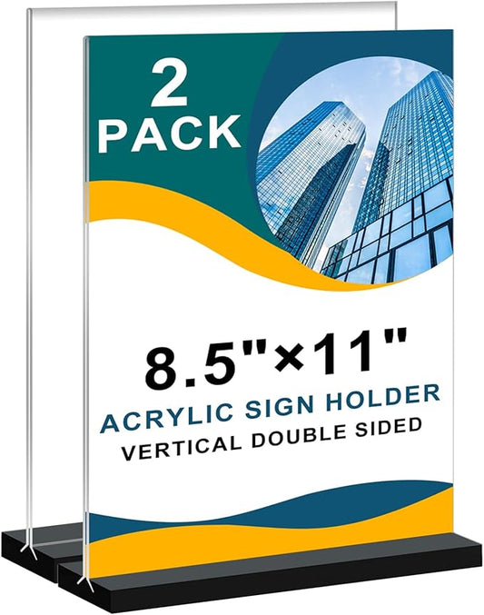 Acrylic Sign Holder 8.5x11 Vertical,Clear Double-Sided Stand Plastic Picture Frames Paper Holder Menu Table Display Stand Flyer Document Holder TableTop Sign Holder for Home, Store Office,2Pack