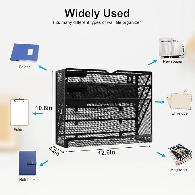 4 Tier Magnetic File Holder, Large Capacity Mesh Hanging Wall Organizer Vertical Magnetic Hanging File Organizer, Magnetic File Folder Holder for File Cabinets, Office, Whiteboard (Black)