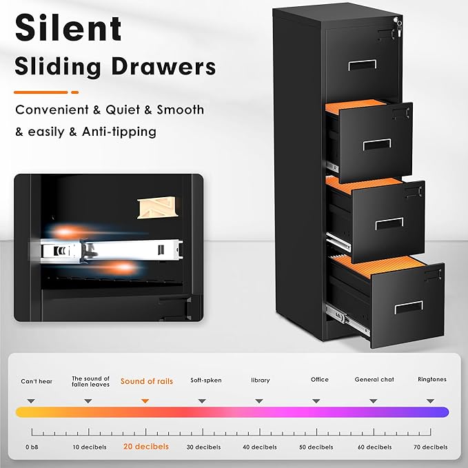 INTERGREAT 4 Drawer Vertical File Cabinet, Black Metal Filing Cabinet with Lock, Tall Lockable Cabinets with 4 Adjustable Hanging Frame for Home Office, Letter/Legal/F4/A4 Size