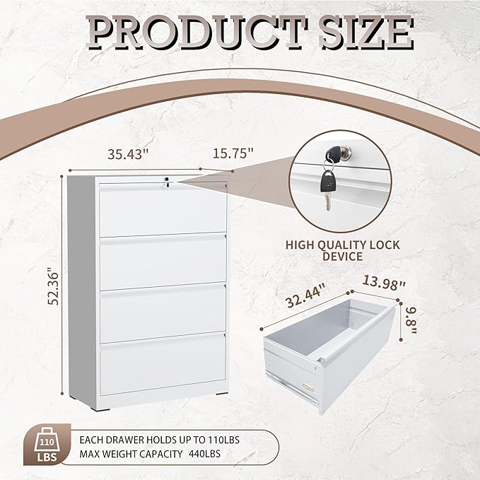 4 Drawer Lateral File Cabinet with Lock, Metal File Cabinet, Lateral File Cabinets for Home Office, Heavy Duty File Storage Cabinet for Legal/Letter/A4 Document, Assembly Required, White