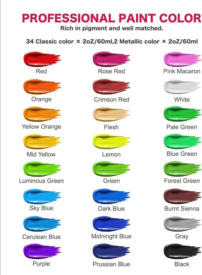 Acrylic Paint Set - 24 Colors 2 oz/59 ml Acrylic Paints for Professional Artists with 10 Brushes , Art Supplies for Painting Canvas Rock Wood Ceramic Glass Art Craft Painting, Rich Pigments Lasting Quality for Beginners