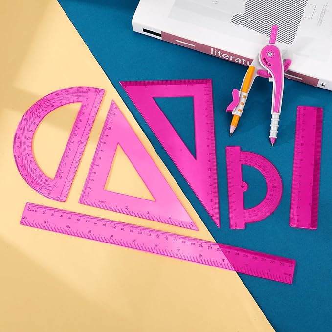 Zonon 1 Set Plastic Geometry Math Set 7 Pcs Includes 6'' / 4 '' Protractor, Drawing Compass, 45/60 Degree Triangle Rulers, 12'' / 6'' Math Ruler Transparent for Office Supplies(Pink)