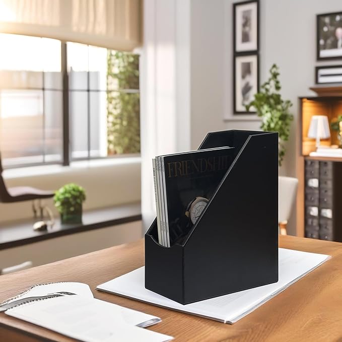 UnionBasic Magazine File Holder, Leatherette Desktop Document Organizer, Home Office Paper Holder File Storage Literature Sorter, Black